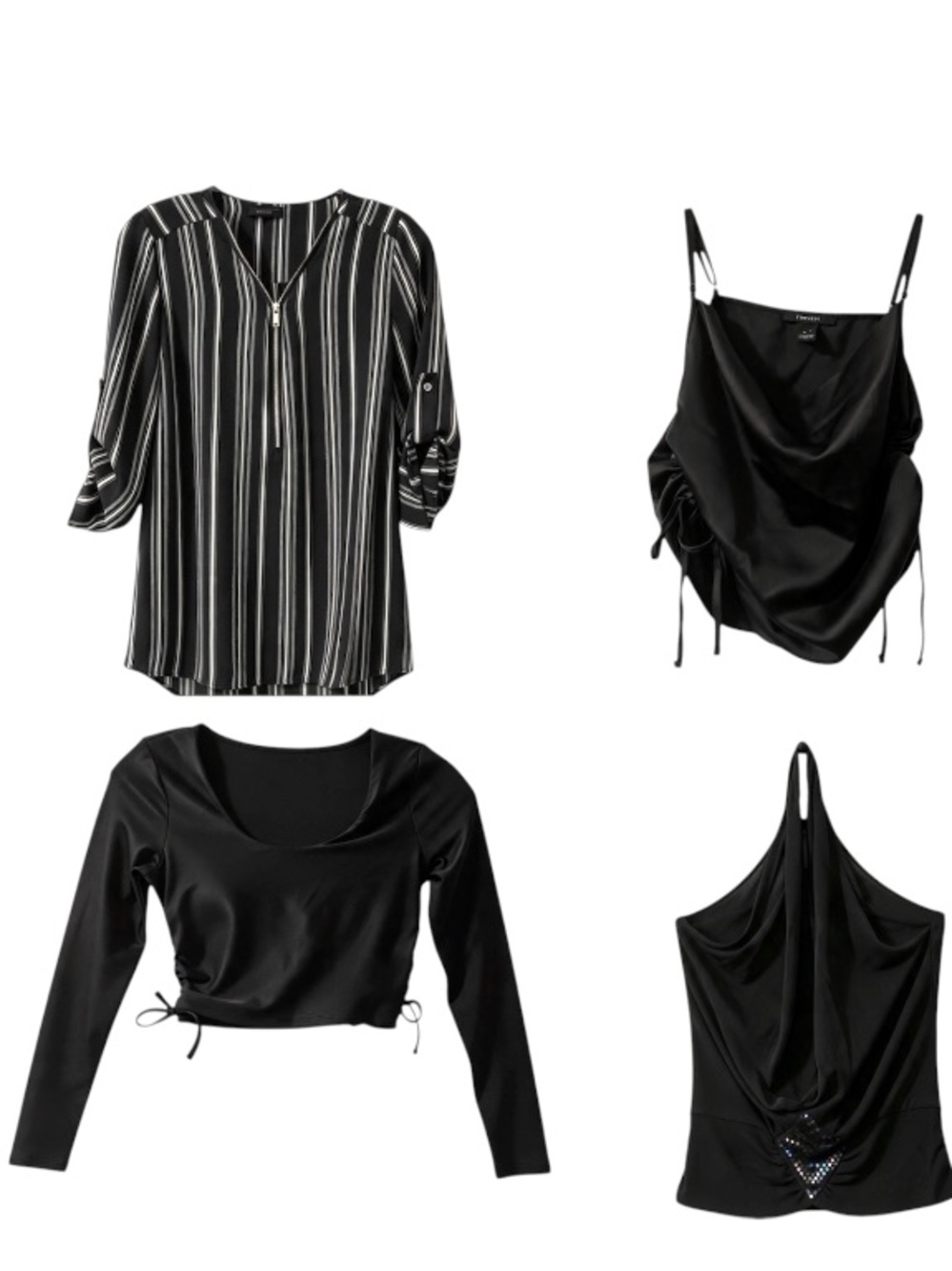 4pc Tops Bundle - Striped Blouse, Satin Cami, Crop Top S (fits S-M)